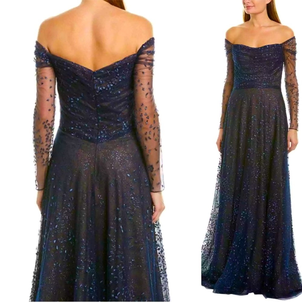 Rene Ruiz off the shoulder long sleeve navy blue gown size 10!